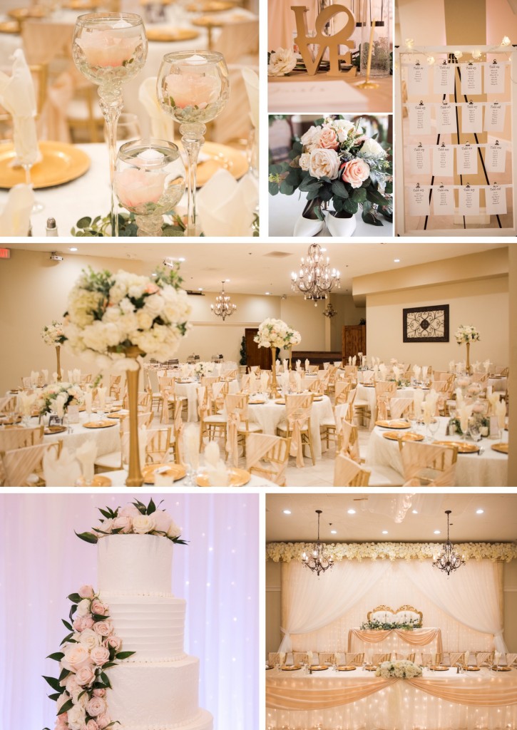 Ivory wedding decor with white linens, candles and a tiered cake