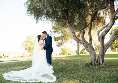 Villa Tuscana Reception Hall in mesa showing nearby park area with bride and groom under tree