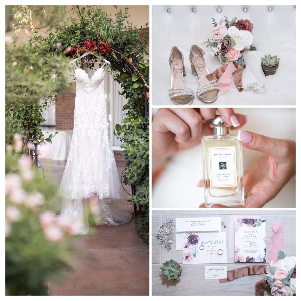 Flat lay of wedding details with rings, invitation suite and loose florals